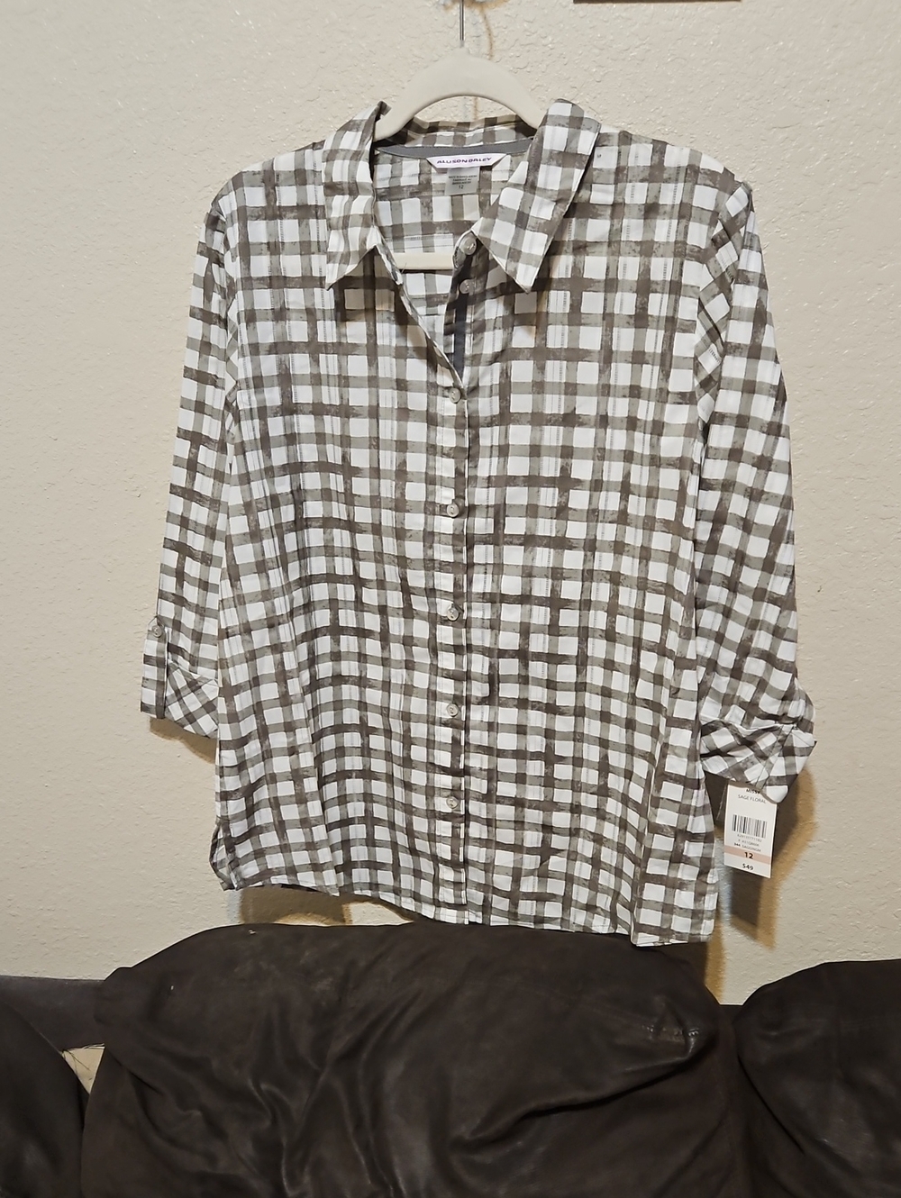 Allison Daley White and Sage Plaid Button-Up Shirt